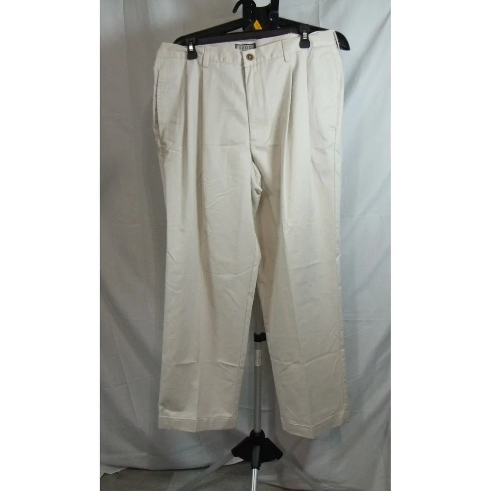 IZOD Mens 36x30 Beige Pleated Chino Comfort Cuffed Straight Leg Work Dress Pants